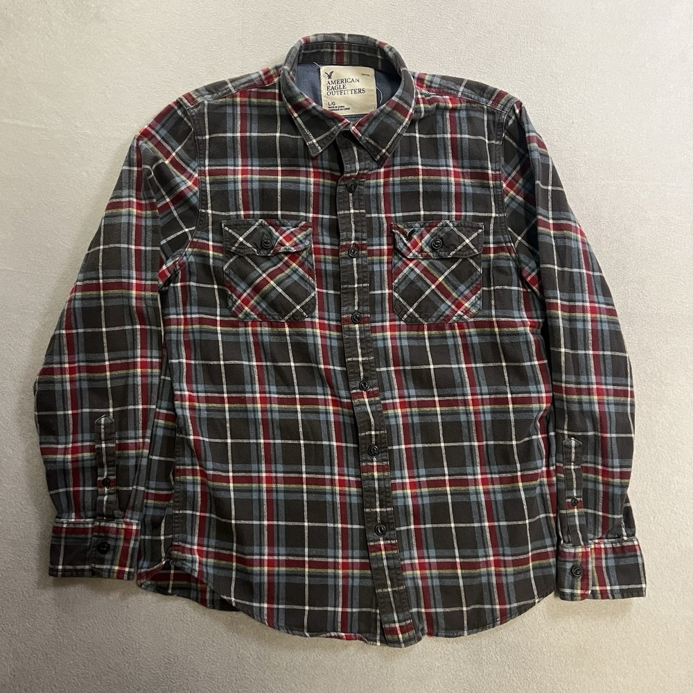 American Eagle Flannel Shirt Men's Size Large Plaid Button Up Casual Preppy